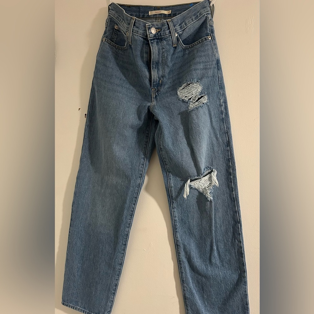 Blue Straight Leg Jeans with Distressed Details